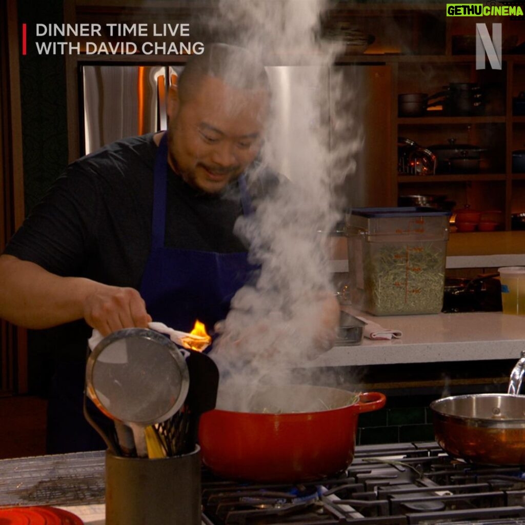 David Chang Instagram - SPOILER ALERT: This week's Surf and Turf meal was full of surprises! A hay fire, instant pickles, a brussels sprouts menu swap, a kitchen assist from @fortunefeimster, and a homemade pound cake from @terrycrews! What was your favorite moment from this episode? Let us know in the comments below! #DinnerTimeLive with @davidchang is streaming NOW on @netflix!