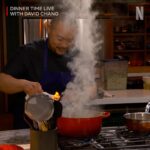 David Chang Instagram - SPOILER ALERT: This week's Surf and Turf meal was full of surprises! A hay fire, instant pickles, a brussels sprouts menu swap, a kitchen assist from @fortunefeimster, and a homemade pound cake from @terrycrews! What was your favorite moment from this episode? Let us know in the comments below! #DinnerTimeLive with @davidchang is streaming NOW on @netflix!