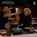 David Chang Instagram – SPOILER ALERT: 
This week’s Surf and Turf meal was full of surprises! A hay fire, instant pickles, a brussels sprouts menu swap, a kitchen assist from @fortunefeimster, and a homemade pound cake from @terrycrews!  What was your favorite moment from this episode? Let us know in the comments below! 

#DinnerTimeLive with @davidchang is streaming NOW on @netflix!