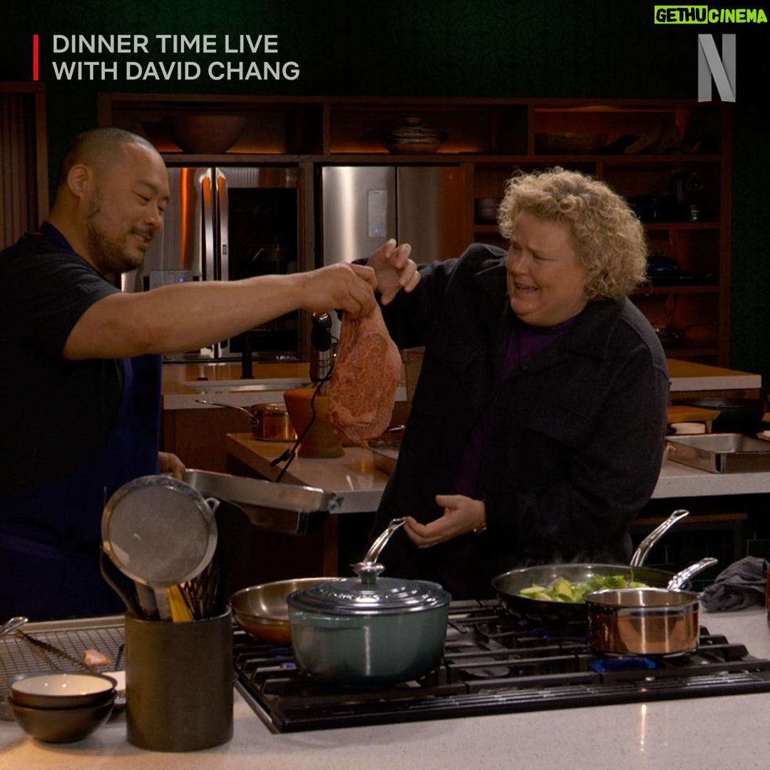 David Chang Instagram - SPOILER ALERT: This week's Surf and Turf meal was full of surprises! A hay fire, instant pickles, a brussels sprouts menu swap, a kitchen assist from @fortunefeimster, and a homemade pound cake from @terrycrews! What was your favorite moment from this episode? Let us know in the comments below! #DinnerTimeLive with @davidchang is streaming NOW on @netflix!