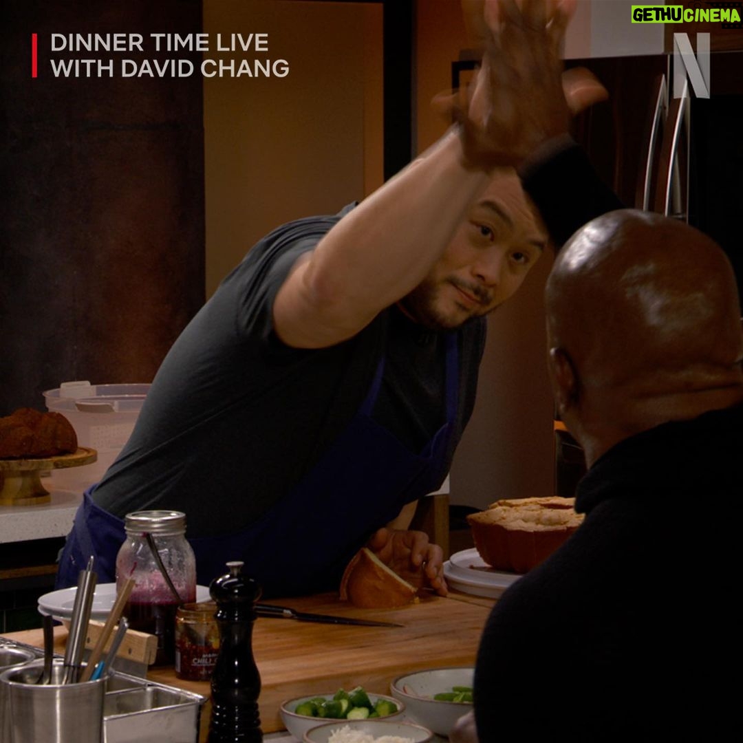 David Chang Instagram - SPOILER ALERT: This week's Surf and Turf meal was full of surprises! A hay fire, instant pickles, a brussels sprouts menu swap, a kitchen assist from @fortunefeimster, and a homemade pound cake from @terrycrews! What was your favorite moment from this episode? Let us know in the comments below! #DinnerTimeLive with @davidchang is streaming NOW on @netflix!