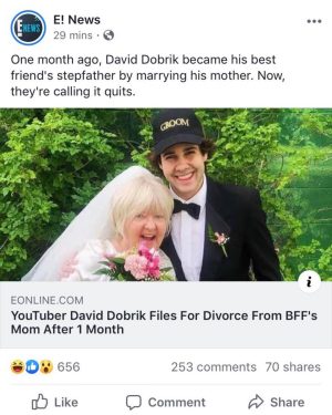David Dobrik Instagram - I am heartbroken to announce that Lorraine and I have decided to end our romantic relationship. We wish this news would have come from us first, however, we know it’s difficult for the media to resist speculation. We have tried so hard to make things work. Sometimes in life you just aren’t enough for someone; no matter what you do for them or what you try to be. Lorraine, you have been my light, my muse and my confidante. You’ve taught me not only how to love another person but how to love myself. We will continue to love and support one another while being great friends and parents to our children. I thank everyone in advance for respecting our privacy at this time.