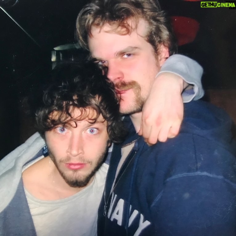 David Harbour Instagram - Always had a thing for a weird moustache. Me and the talented and strange @ebon2 back in the signature theater days. I hope Lanford Wilson has a cocktail in his ethereal hand as he pushes through purgatory for all his misunderstood genius. Parker Posey, Bob Leonard, Jess G and @mikeg503 must be in the background of this bar playing pool very poorly.