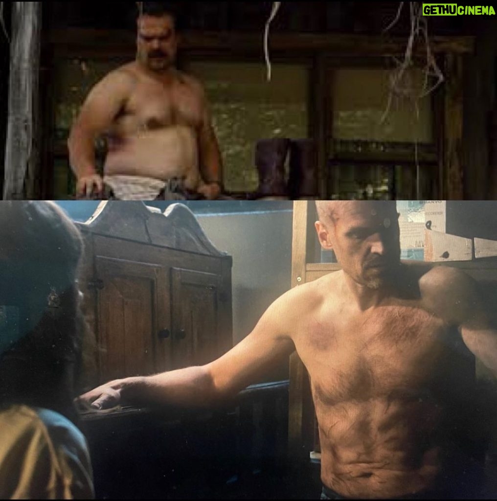 David Harbour Instagram - Many of you have asked about Hopper’s physical transformation from season 3 to season 4. My trainer @davidhigginslondon worked with me for 8months to make the transformation, and then another year to keep it through the pandemic. All told it was a difficult and exciting ride, changing diet and exercise plans (or lack thereof). We are gonna do an Instagram live tomorrow Friday at 4pm UK time, which is 11am eastern I believe. Wanna answer questions you may have with @davidhigginslondon and tell you what I learned. Second pic is me and David the week we began, my resistances and fury flaring. And pic three is the shoot day, the black x’s are for cgi scarring because of problems with the practical effect. All told I lost over 75lbs. 265-270 in season 3 and all the way down to 190 when we shot. Recently ballooned up again to play jolly ole st. Nick in a flick I can’t wait for you to see this holiday season, so I am struggling to fight back down towards a good weight for wherever hopper ends up in season 5. All this up and down is not good for the body, and I’ll have to give it up soon, but it is such a fun part of the job to live in a different version of your skin for a while. Come join us tmrw for the live and bring qs