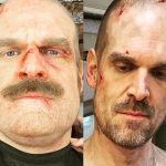 David Harbour Instagram - At the end of s3 I told those Duffer bros that we should shoot the flashbacks post ‘death’ cause I was going to lose the weight and there’d be continuity issues. But they hadn’t been written yet. Luckily, we had the miraculous @barriegower come in and give me the ‘fuller hopper’ face. I hate prosthetics, but Barry/team made it as painless as possible. The results speak for themselves. Shoutout to @amylforsythe as well who has been our makeup dept head since s1, for augmenting, overseeing and being all around generous with the process. And the talented hair chief @sarahhindsgaul who sat down with our gulag ‘barber’ and tested and tested and made sure we could shave my real hair cleanly and theatrically efficiently to catch on camera. We only had one shot at it🙀