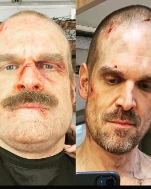 David Harbour Instagram - At the end of s3 I told those Duffer bros that we should shoot the flashbacks post ‘death’ cause I was going to lose the weight and there’d be continuity issues.  But they hadn’t been written yet.  Luckily, we had the miraculous @barriegower come in and give me the ‘fuller hopper’ face.  I hate prosthetics, but Barry/team made it as painless as possible.  The results speak for themselves.  Shoutout to @amylforsythe as well who has been our makeup dept head since s1, for augmenting, overseeing and being all around generous with the process.  And the talented hair chief @sarahhindsgaul who sat down with our gulag ‘barber’ and tested and tested and made sure we could shave my real hair cleanly and theatrically efficiently to catch on camera.  We only had one shot at it🙀