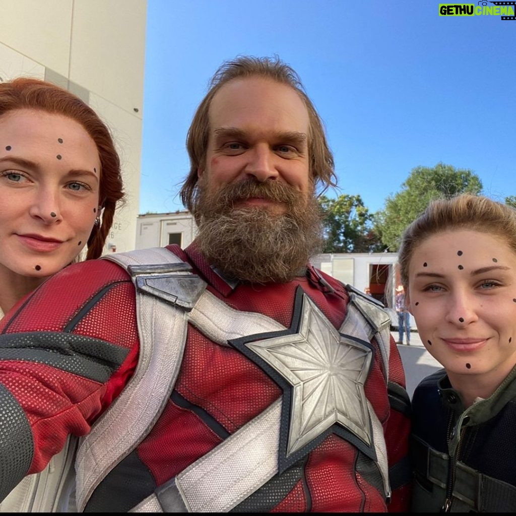 David Harbour Instagram - Thank you for all the @black.widow movie love. It was such an honor to work directly with THE Scarlett Johansson and Florence Pugh and of course in the second pic, my fave Rachel Weisz! So down to earth and sweet, kept saying we’re not the ‘real actresses’ obviously to make me feel less intimidated to be working with such international stars! Makeup department was clearly off their game tho, because they kept covering their faces with these black dots! Had something to do with being assassins I guess. All in all a weird wonderful 4 and a half months! #dadjokes #brandambassador