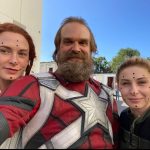 David Harbour Instagram – Thank you for all the @black.widow movie love.  It was such an honor to work directly with THE Scarlett Johansson and Florence Pugh and of course in the second pic, my fave Rachel Weisz!  So down to earth and sweet, kept saying we’re not the ‘real actresses’ obviously to make me feel less intimidated to be working with such international stars!  Makeup department was clearly off their game tho, because they kept covering their faces with these black dots!  Had something to do with being assassins I guess.  All in all a weird wonderful 4 and a half months!  #dadjokes #brandambassador
