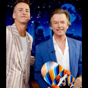 David Spade Instagram - Hosting @jimmykimmellive tonight. The new bachelorette couple ( spoiler!) and these clowns @whitneycummings @jaggereaton @thekatiethurston