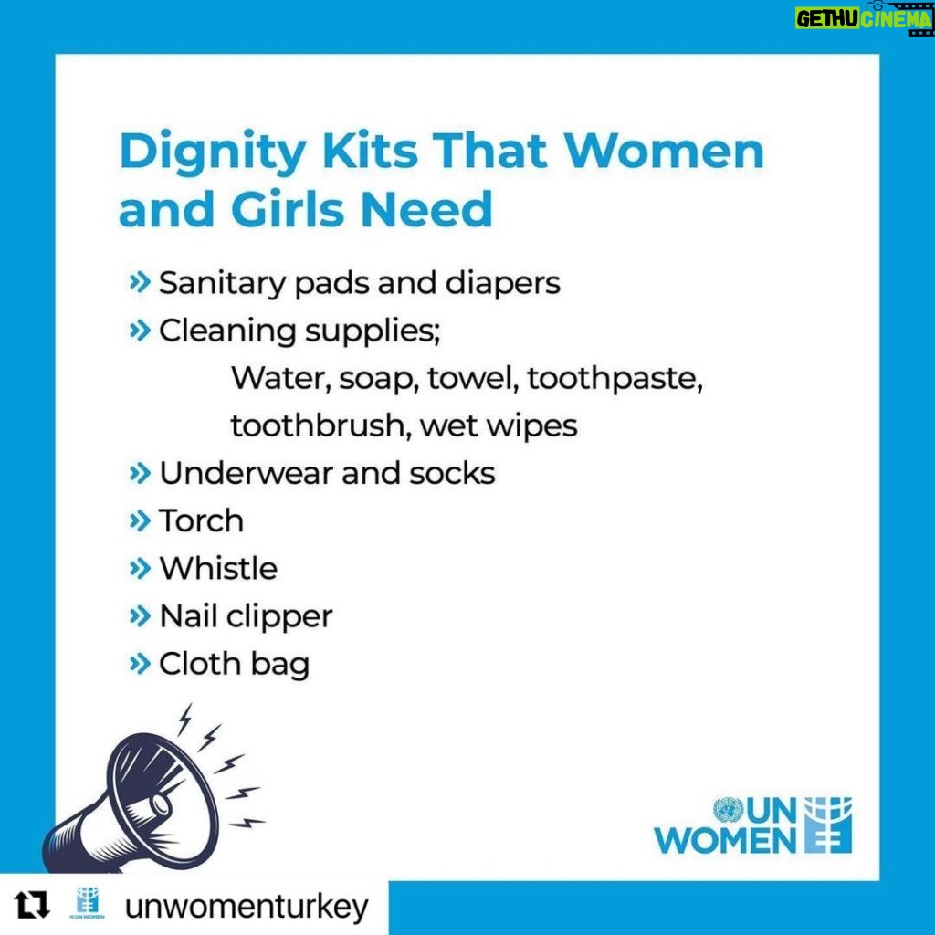 Demet Evgar Instagram - #Repost @unwomenturkey with @use.repost 💙 📣 Afet bölgesinde kadınların ve kız çocuklarının ihtiyacı olabilecek en temel malzemeleri listeledik. Bizler bu malzemeleri sağlamak için kamu kurumlarıyla iş birliği içinde çalışmaya devam ediyoruz. Hazırladığınız ya da bağışladığınız yardım paketlerinde bu malzemelerin olmasını sağlayabilirsiniz. #UNWomenTürkiye 📣 We listed basic needs that women and girls need in disaster areas. We are working in close cooperation with public institutions to provide them. Please make sure to include these materials in the packages/dignity kits that you prepare or donate.