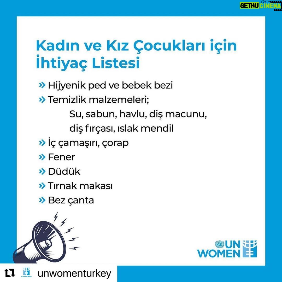 Demet Evgar Instagram - #Repost @unwomenturkey with @use.repost 💙 📣 Afet bölgesinde kadınların ve kız çocuklarının ihtiyacı olabilecek en temel malzemeleri listeledik. Bizler bu malzemeleri sağlamak için kamu kurumlarıyla iş birliği içinde çalışmaya devam ediyoruz. Hazırladığınız ya da bağışladığınız yardım paketlerinde bu malzemelerin olmasını sağlayabilirsiniz. #UNWomenTürkiye 📣 We listed basic needs that women and girls need in disaster areas. We are working in close cooperation with public institutions to provide them. Please make sure to include these materials in the packages/dignity kits that you prepare or donate.