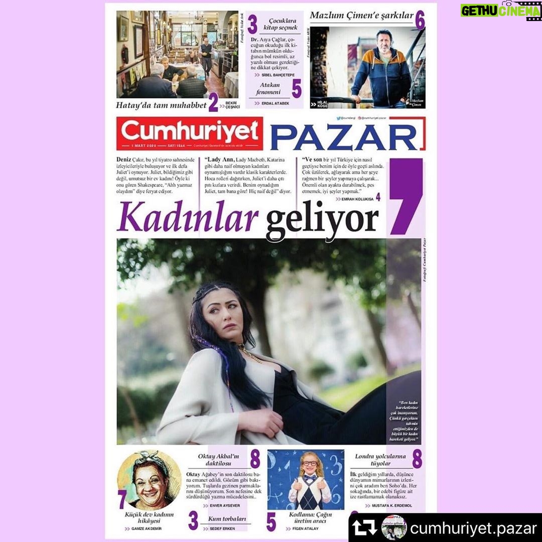 Deniz Çakır Instagram - Yeniden buluşmanın 1. yılında yeniden söyleştik... güzel yarınlar için umut ve inançla...🌿 #repost @cumhuriyet.pazar ・・・ Cumhuriyet Pazar, yeniden yayımlanmaya başladığı sürede bir yılı geride bıraktı. Bu hafta da dolu dolu Cumhuriyet Pazar sizleri bekliyor. 🎉 Uzunca bir aradan sonra yeniden okurlarımızla buluşan Cumhuriyet Pazar’la koca bir yılı geride bıraktık. Pazar sohbetlerimize Deniz Çakır’la başlamıştık, bir yıl sonra yeniden buluştuk. Geçen bir yılın muhasebesini, yeni tiyatro oyununu, 8 Mart'a doğru kadın meselelerini konuştuk. Emrah Kolukısa söyleşisi... •Bir zamanların efsane meyhane, restoran yazarı Bekri Çeşnici, birinici yıldönümümüz için geri döndü. Şairlerin, yazarların mekanı Bostancı'daki Hatay Restorant’ı kaleme aldı. •Erdal Atabek, üstün zekasıyla dikkatleri çeken Atakan’ı yazdı. •Figen Atalay, uzun yıllardır kodlama üzerine çalışan Prof. Dr. Selçuk Özdemir’le eğitimin evrimini, kodlamanın önemini, eğitim sistemindeki sorunları masaya yatırdı. Özdemir, “Öğretmen artık bilginin kralı ve kraliçesi değil” diyor. •Sibel Bahçetepe, Kelime Yayınları Yayın Yönetmeni Dr. Asya Çağlar ile çocuklar için kitap seçmenin inceliklerini konuştu. •Mazlum Çimen’in kapısını, şarkılarının 18 farklı müzisyen tarafından seslendirildiği “Benim İçin Söylenenler” albümü vesiylesiyle çaldık. Unkapanı’nda bulduk usta ismi, renkli hayaletlerin dolaştığı mekana iki yıl önce taşınmış... •Gamze Akdemir, sinemamızın küçük dev kadını Adile Naşit’in hikayesini yazdı. •Mustafa K. Erdemol’dan Londra tüyoları •Enver Aysever’den Oktay Akbal’ın daktilosu •Sedef Erken: Kum torbaları •Alper İzbul:Korona'nın düşündürdükleri •Deniz Yavaşoğulları: Pati Günlükleri •Merve Saatçi: Ne az ne çok yumurta •Haftanın sanat ajandası... #pazar #cumhuriyetpazar #denizçakır #cumhuriyetpazar #juliet #tiyatro #oyun #3mart2019 #hatayrestoran #alisirmen #mazlumçimen #adilenaşit #londra #soho #oktayalbal #daktilo #koronavirüsü #patigünlükleri Deniz Restaurant Alsancak