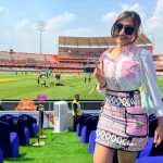 Dhanashree Verma Instagram – To a perfect pink Sunday 💕 @rajasthanroyals had to be there for the first game #hallabol 
Congratulations @yuzi_chahal23 for 303 t20 wickets 🧿 what a day Rajiv Gandhi International Cricket Stadium