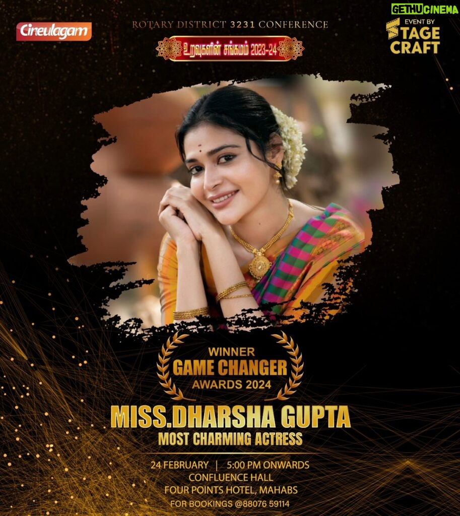 Dharsha Gupta Instagram - Most Charming Actress @dharshagupta @gamechanger.awards For bookings – 88076 59114 An Epic Event By: @stagecraft.official Creative & Event Head: @johnybasha.sirajudeen Show Director: @better_call_sohail PRO: @thiruupdates Public Relations: @sikkandersayam Marketing Agency: @thecontentstore.in #cineulagam #GameChangerAwards #GameChanger2024 #GameChangerAwards2024 #StageCraft #Rotary #RotaryEvent #RotaryInternational #RotaryDist3231 #TamilAwardShow #AwardShow