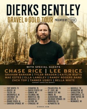 Dierks Bentley Instagram - The #GravelAndGold Tour is hitting the road this year with @chaserice, @leebrice and so many more! We can’t wait to see y’all. Support varies per market. 
Ticket on sale as follows: 
Fan Club Presale: 2/13 at 10am (LOCAL) - 2/15
@spotify Presale: 2/15 at 10am LOCAL 
Public on sale: 2/16 at 10am LOCAL
Presented by @jerseymikes
