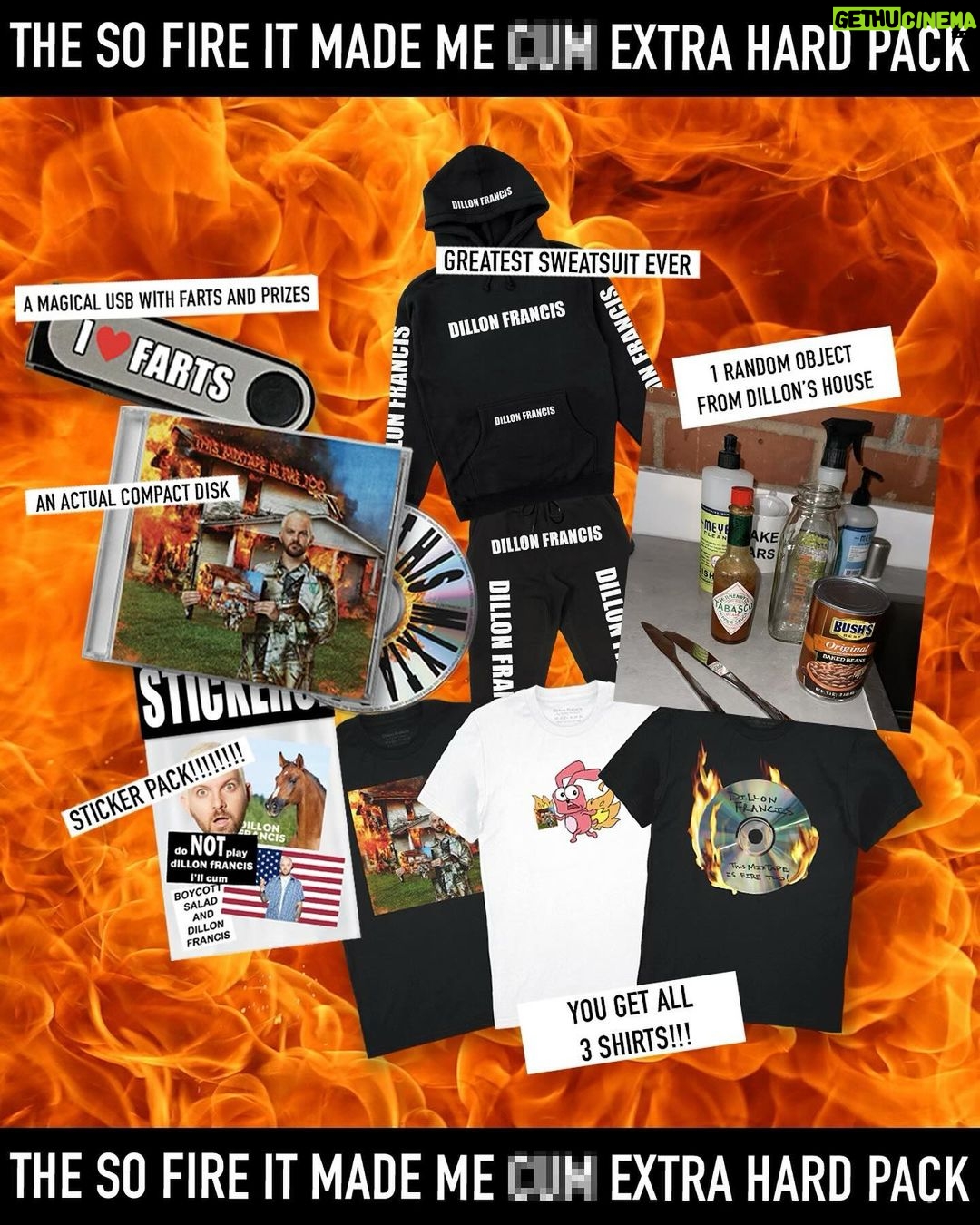 Dillon Francis Instagram - Merch bundle giveaway ๐ซฃ๐คญ๐ฎโ๐จ๐ Giving away 10 shirts and 2 โso fire it made me c*m extra hardโ packs! (Swipe to see packs) To enter: Like this post, share to your story & tag 3 friends for a chance to win ๐ winners will be announced Friday! You can go peep the fire bundles in my bio and buy any you want!