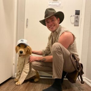 Dominic Sherwood Instagram - Indy and his buddy! Be safe everyone. Happy Halloween. 
Ps. Dan hates this so the costume came of immediately after the photo.