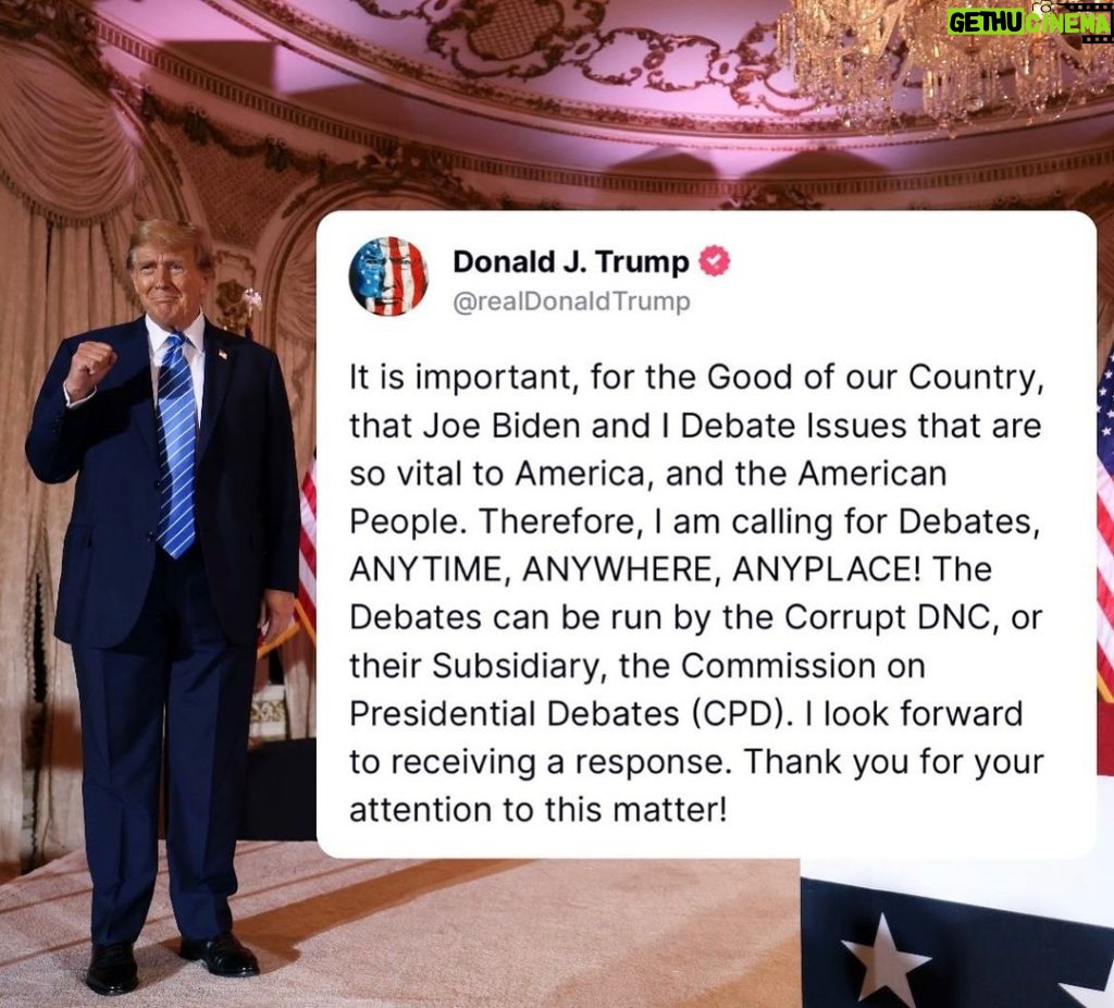 Donald Trump Instagram - It is important, for the Good of our Country, that Joe Biden and I Debate Issues that are so vital to America, and the American People. Therefore, I am calling for Debates, ANYTIME, ANYWHERE, ANYPLACE! The Debates can be run by the Corrupt DNC, or their Subsidiary, the Commission on Presidential Debates (CPD). I look forward to receiving a response. Thank you for your attention to this matter!