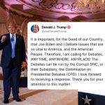 Donald Trump Instagram - It is important, for the Good of our Country, that Joe Biden and I Debate Issues that are so vital to America, and the American People. Therefore, I am calling for Debates, ANYTIME, ANYWHERE, ANYPLACE! The Debates can be run by the Corrupt DNC, or their Subsidiary, the Commission on Presidential Debates (CPD). I look forward to receiving a response. Thank you for your attention to this matter!