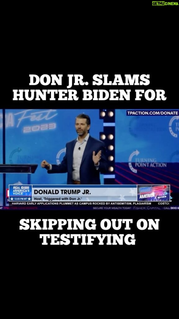 Donald Trump Jr. Instagram - @DonaldJTrumpJr slams Hunter Biden for skipping out on the congressional subpoena from House Republicans: “I take it a little bit personally because I did 50 hours of congressional testimony.” Join our live coverage of @turningpointusa #AmFest2023 here: Link in bio