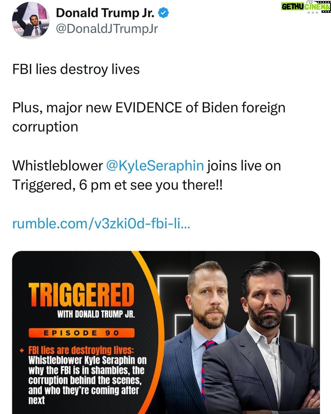 Donald Trump Jr. Instagram - Since they clearly don’t seem focused on stopping crime, Find out what the FBI is actually doing from the whistleblower who called them out. 6pm Est