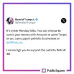 Donald Trump Jr. Instagram - This year shop Cyber Monday woke-free! 🛍️ @officialpublicsq is making it easier than ever to not just knock out that Christmas list, but vote with your wallet in the process! With our newly launched e-commerce, consumers can now shop at over 70,000 freedom-loving businesses and conveniently checkout from one-cart! Do your Christmas shopping at businesses that don’t hate you at PublicSquare.com 🇺🇸