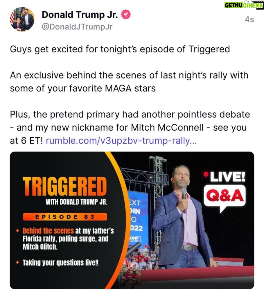 Donald Trump Jr. Instagram - Live Q&A Tonight. Check out the new episode of Triggered, dropping six 6 PM live on Rumble. @rumblecreators Check out my stories for a live link.