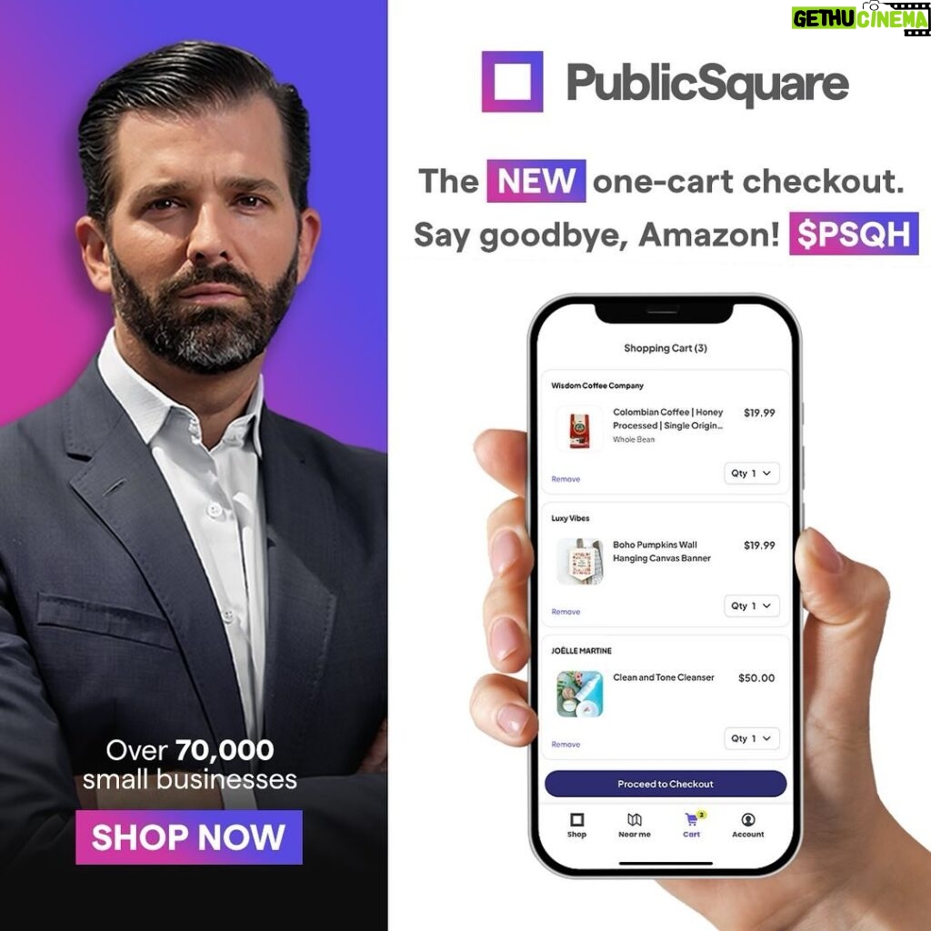 Donald Trump Jr. Instagram - One-cart checkout is a massive game changer for $PSQH and the Patriot economy Now, you can shop for products directly from PublicSquare.com This will grow small businesses, grow jobs, and grow the Patriot economy    Say goodbye to Amazon and shop on @officialpublicsq And remember, I’m not just a $PSQH investor, I’m also a user. And it’s time for all of us to shop with our values - and reject woke capital once and for all.