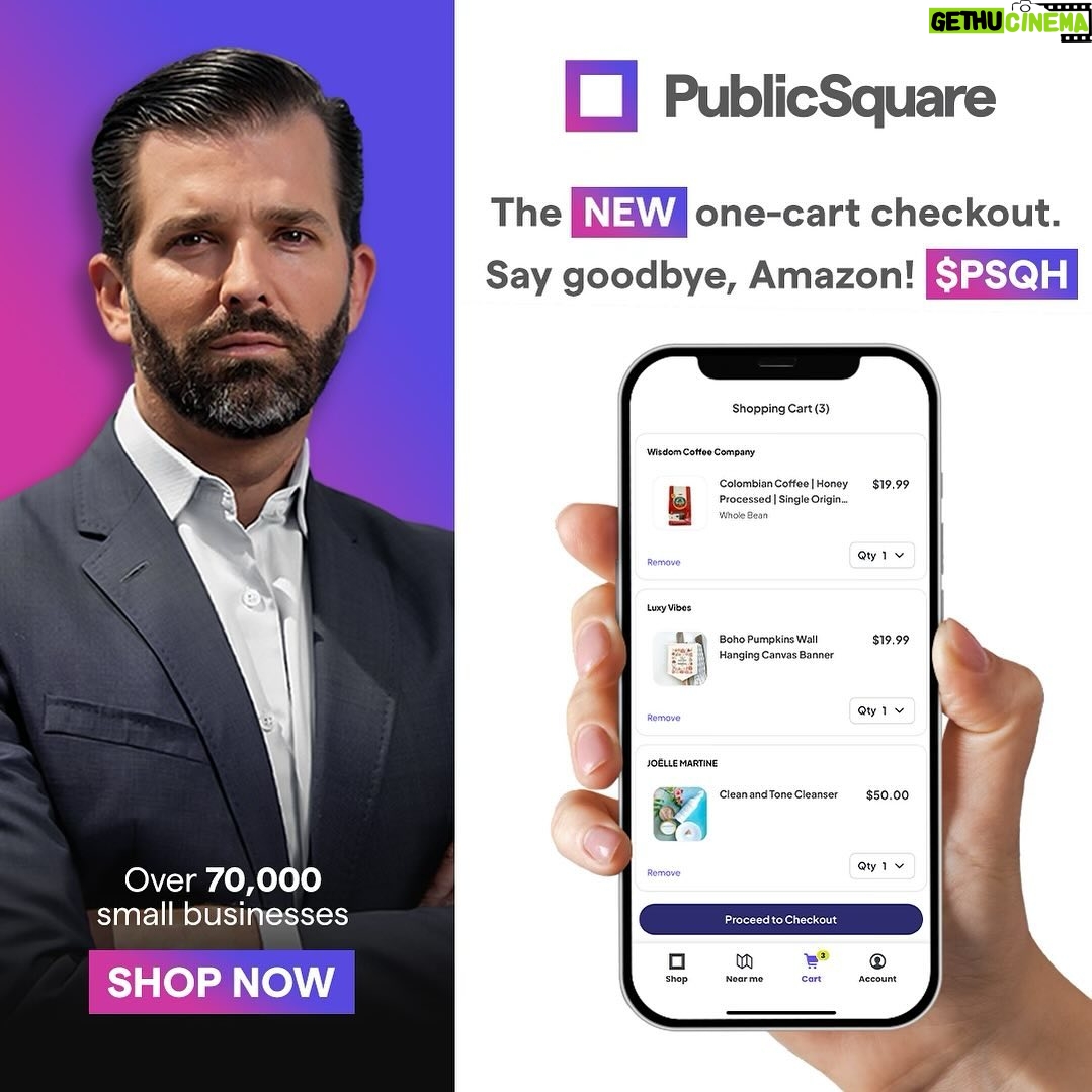 Donald Trump Jr. Instagram - One-cart checkout is a massive game changer for $PSQH and the Patriot economy Now, you can shop for products directly from PublicSquare.com This will grow small businesses, grow jobs, and grow the Patriot economy Say goodbye to Amazon and shop on @officialpublicsq And remember, I’m not just a $PSQH investor, I’m also a user. And it’s time for all of us to shop with our values - and reject woke capital once and for all.