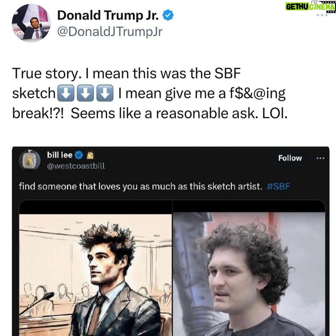Donald Trump Jr. Instagram - Follow up to yesterday’s post. WTF Fat slob SBF gets to look like a superhero Zac Efron and I look Kermit the fricken frog in our courtroom drawings... It ain’t right🤣🤣🤣