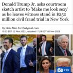 Donald Trump Jr. Instagram - Follow up to yesterday’s post. WTF Fat slob SBF gets to look like a superhero Zac Efron and I look Kermit the fricken frog in our courtroom drawings... It ain’t right🤣🤣🤣
