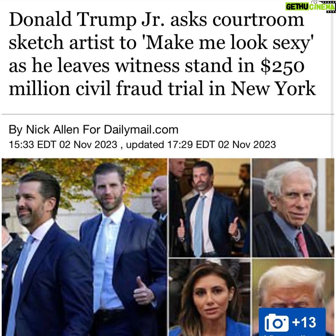 Donald Trump Jr. Instagram - Follow up to yesterday’s post. WTF Fat slob SBF gets to look like a superhero Zac Efron and I look Kermit the fricken frog in our courtroom drawings... It ain’t right🤣🤣🤣