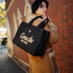 Dori Sakurada Instagram - COACH カーゴトート✨ めちゃ可愛い見た目だけではなく大容量で持ち運びたいものはほとんど収納できる実用性も抜群のバッグ！ スクリプト刺繍で入ったらブランドロゴも素敵です✨ 洋服もコーチであわせてみました😊 素敵なホリデーギフトを贈ってくださいました🎄✨ ありがとうございます☺️