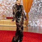 Drew Barrymore Instagram - The #Oscars Extravaganza @thedrewbarrymoreshow✨ Hair by @mrdanielhowellhair Makeup by @llgulino Styled by @_leeharris_ Gown @tomford at @nordstrom Earrings @area at @nordstrom Shoes @maisonvalentino