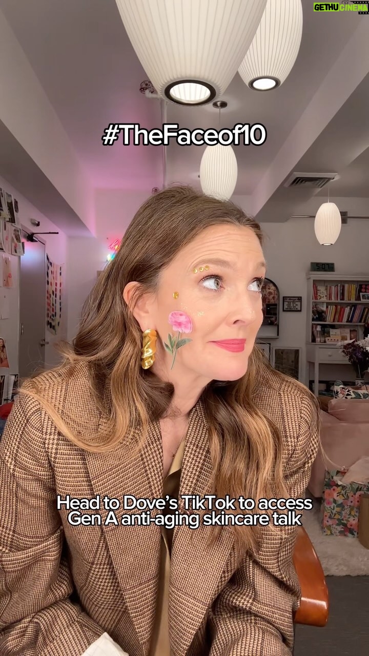 Drew Barrymore Instagram - When I was younger, I used to really express myself! I loved glitter and I loved stickers. I kind of thought you could never wear enough glitter. I still kind of feel that way. Today, young girls are being exposed to adult targeted anti-aging skincare content which is making them want to use anti-aging products! @dove research shows 1 in 4 feel judged about how their skin looks. Let’s never fear getting older because that is a privilege. If we create powerful and positive messaging, we get to be as playful as we want and as empowered as we want. I’m partnering with Dove to raise awareness about this unnecessary beauty trend and help protect the self-esteem of young girls. #TheFaceof10 #DoveSelfEsteemProject