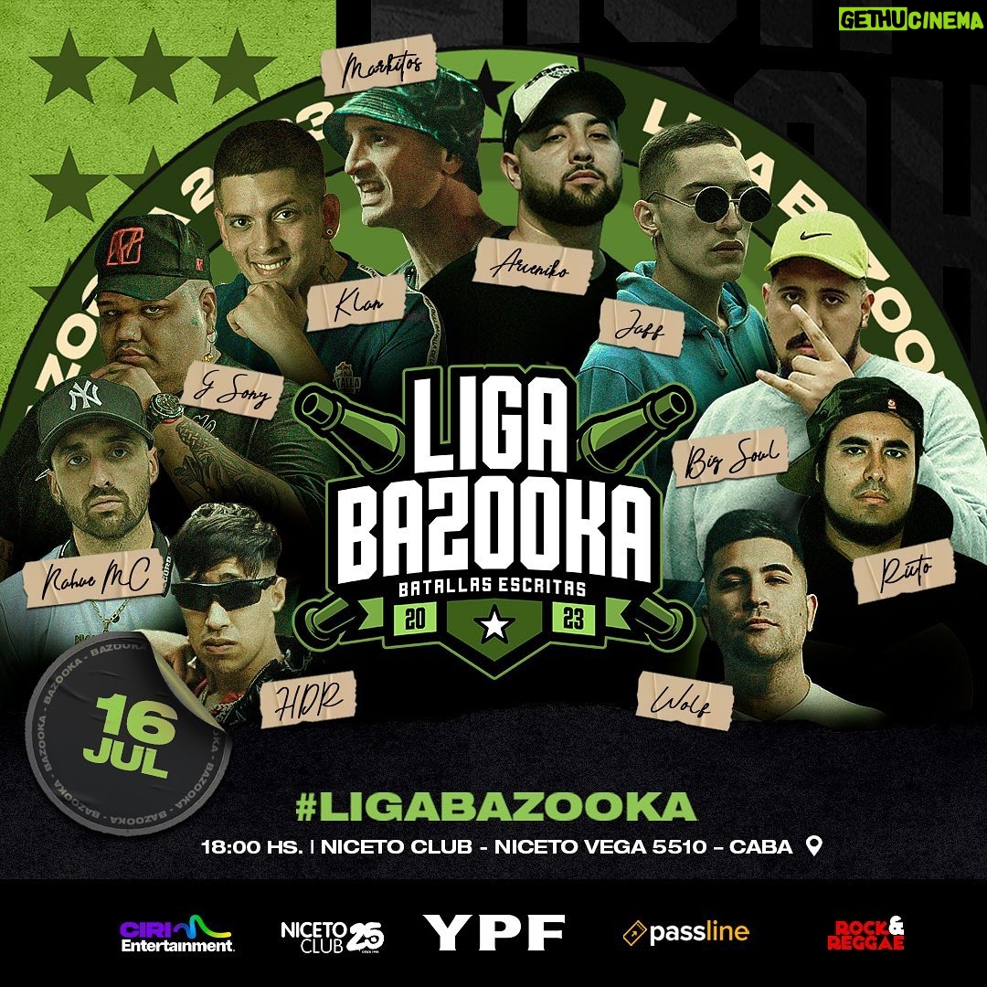 Dtoke Instagram - ¡NUEVA BAZOOKA EDICIÓN NACIONAL! #LigaBazooka se apodera por primera vez del escenario de @NicetoClub, un venue muy querido por la comunidad de las batallas en Argentina. Después de su exitosa edición internacional, la liga de escritas más relevante de la actualidad enfrenta a algunos de sus nombres más consolidados contra los mejores prospectos surgidos del Draft –con el agregado de un internacional que muchos querían ver en este formato. El próximo domingo 16 de julio, Bazooka pondrá sobre el escenario cinco batallas que redefinirán casi por completo el Top Argentino de esta disciplina. Desliza para ver todos los cruces ➡ #LigaBazooka #RapEspañol #Chile #Argentina #BatallasEscritas Niceto Club