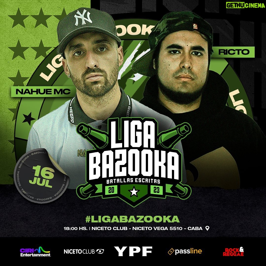 Dtoke Instagram - ¡NUEVA BAZOOKA EDICIÓN NACIONAL! #LigaBazooka se apodera por primera vez del escenario de @NicetoClub, un venue muy querido por la comunidad de las batallas en Argentina. Después de su exitosa edición internacional, la liga de escritas más relevante de la actualidad enfrenta a algunos de sus nombres más consolidados contra los mejores prospectos surgidos del Draft –con el agregado de un internacional que muchos querían ver en este formato. El próximo domingo 16 de julio, Bazooka pondrá sobre el escenario cinco batallas que redefinirán casi por completo el Top Argentino de esta disciplina. Desliza para ver todos los cruces ➡ #LigaBazooka #RapEspañol #Chile #Argentina #BatallasEscritas Niceto Club