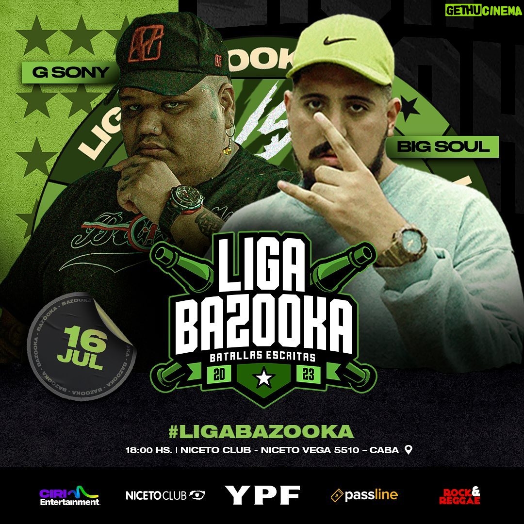 Dtoke Instagram - ¡NUEVA BAZOOKA EDICIÓN NACIONAL! #LigaBazooka se apodera por primera vez del escenario de @NicetoClub, un venue muy querido por la comunidad de las batallas en Argentina. Después de su exitosa edición internacional, la liga de escritas más relevante de la actualidad enfrenta a algunos de sus nombres más consolidados contra los mejores prospectos surgidos del Draft –con el agregado de un internacional que muchos querían ver en este formato. El próximo domingo 16 de julio, Bazooka pondrá sobre el escenario cinco batallas que redefinirán casi por completo el Top Argentino de esta disciplina. Desliza para ver todos los cruces ➡ #LigaBazooka #RapEspañol #Chile #Argentina #BatallasEscritas Niceto Club