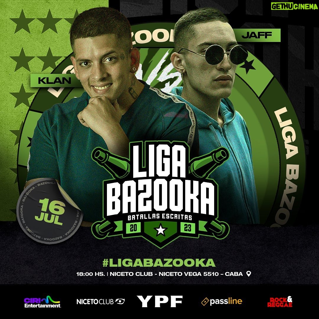 Dtoke Instagram - ¡NUEVA BAZOOKA EDICIÓN NACIONAL! #LigaBazooka se apodera por primera vez del escenario de @NicetoClub, un venue muy querido por la comunidad de las batallas en Argentina. Después de su exitosa edición internacional, la liga de escritas más relevante de la actualidad enfrenta a algunos de sus nombres más consolidados contra los mejores prospectos surgidos del Draft –con el agregado de un internacional que muchos querían ver en este formato. El próximo domingo 16 de julio, Bazooka pondrá sobre el escenario cinco batallas que redefinirán casi por completo el Top Argentino de esta disciplina. Desliza para ver todos los cruces ➡ #LigaBazooka #RapEspañol #Chile #Argentina #BatallasEscritas Niceto Club