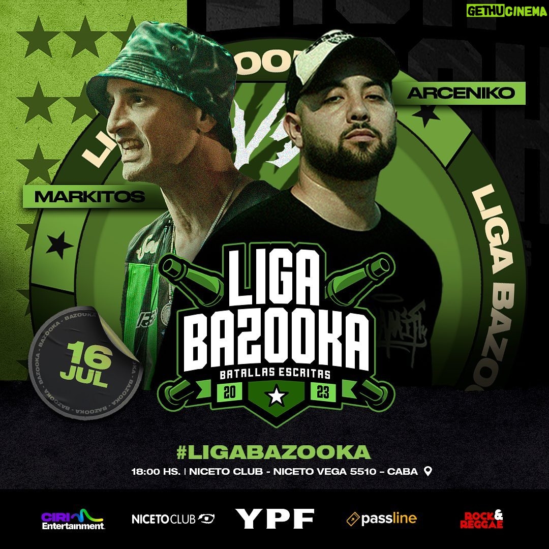 Dtoke Instagram - ¡NUEVA BAZOOKA EDICIÓN NACIONAL! #LigaBazooka se apodera por primera vez del escenario de @NicetoClub, un venue muy querido por la comunidad de las batallas en Argentina. Después de su exitosa edición internacional, la liga de escritas más relevante de la actualidad enfrenta a algunos de sus nombres más consolidados contra los mejores prospectos surgidos del Draft –con el agregado de un internacional que muchos querían ver en este formato. El próximo domingo 16 de julio, Bazooka pondrá sobre el escenario cinco batallas que redefinirán casi por completo el Top Argentino de esta disciplina. Desliza para ver todos los cruces ➡ #LigaBazooka #RapEspañol #Chile #Argentina #BatallasEscritas Niceto Club