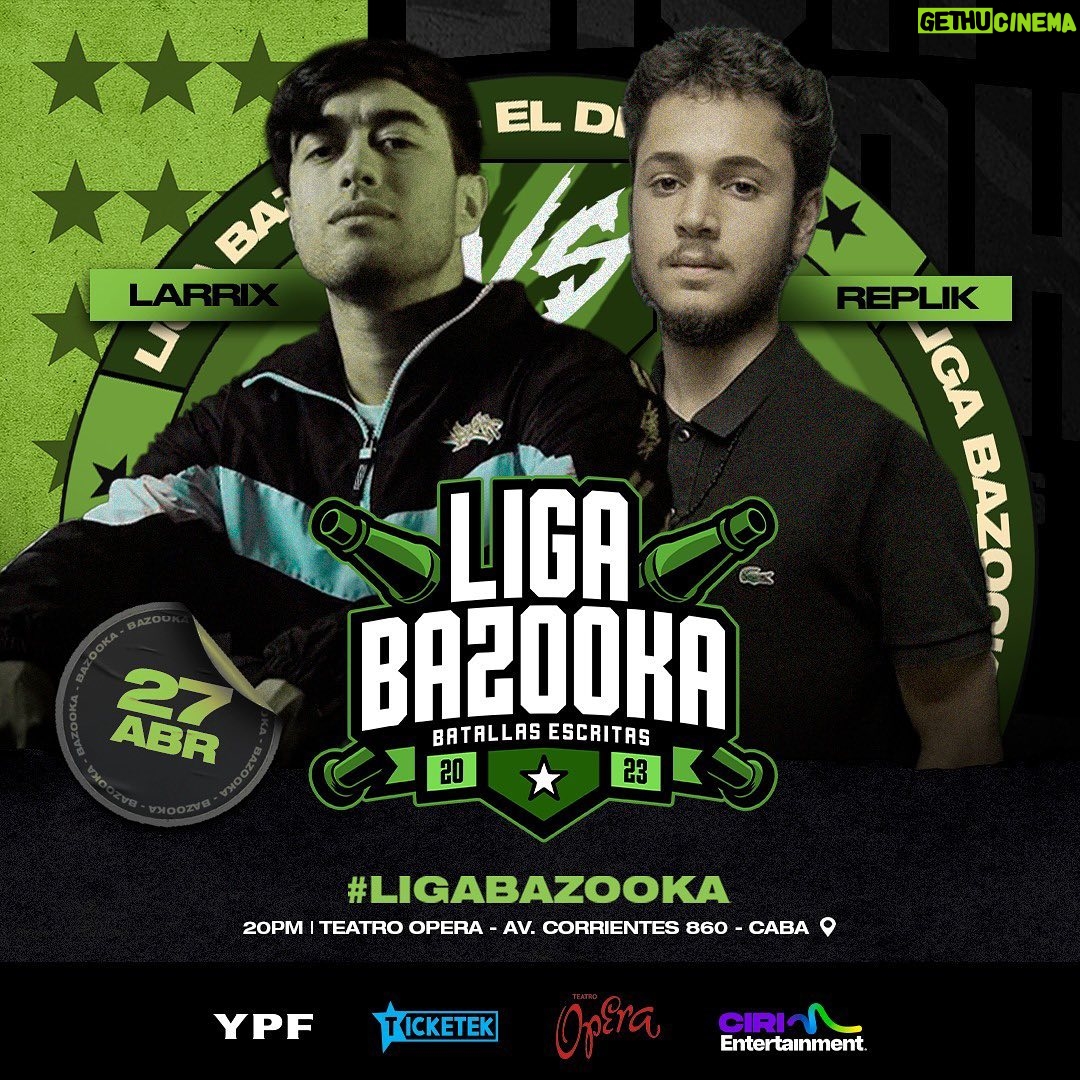 Dtoke Instagram - A poco más de 6 meses del regreso de @ligabazookaa Estoy muy feliz de poder presentarles nuestra primera edición internacional. Contarles que el evento se realizará en el teatro Ópera de la emblemática calle corrientes. Espero los cruces sean de su agrado. Este es un gran salto para la Liga y se lo debemos a todas las personas que nos vienen haciendo el aguante. Esto es para ustedes Capacidad Limitada, No duerman. Link para adquirir tickets en mi perfil e historias destacadas Abrazo a toda la banda. Teatro Ópera