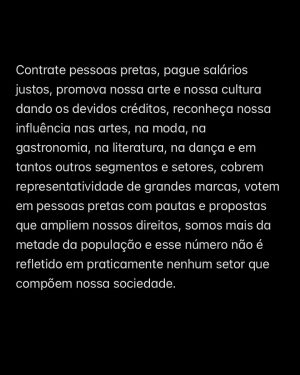 Duda Pimenta Instagram - Post sobre Consciência Negra ☝🏾
.
.
.
Foto 01 - Ensaio Make a Wish
@criativyestudio @charlessartori @israelvalentimoficial @assessoria_viviantrevisan @moisescardeiro_ @camilagrantdebutantes 

Foto 02 - Capricho
deamartinelli @sofiaskywalker @jvbarreto @almirvargas @nanamilumbe @camila_anac matheusberlitz @derretidabre @missblackdivine @_ulbea @brabo.br @madameresenha @pimenta_maedaduda @pimolu_ 
.
.
#20denovembro #consciencianegra #pretosnotopo #blackpower