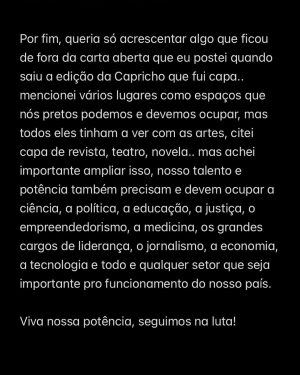 Duda Pimenta Instagram - Post sobre Consciência Negra ☝🏾
.
.
.
Foto 01 - Ensaio Make a Wish
@criativyestudio @charlessartori @israelvalentimoficial @assessoria_viviantrevisan @moisescardeiro_ @camilagrantdebutantes 

Foto 02 - Capricho
deamartinelli @sofiaskywalker @jvbarreto @almirvargas @nanamilumbe @camila_anac matheusberlitz @derretidabre @missblackdivine @_ulbea @brabo.br @madameresenha @pimenta_maedaduda @pimolu_ 
.
.
#20denovembro #consciencianegra #pretosnotopo #blackpower