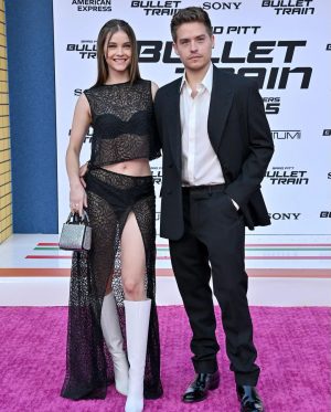 Dylan Sprouse Instagram - @realbarbarapalvin and I at the #bullettrainmovie premier. A really fun time, great summer action flick, just in time for the bday. Brad Pitt is the 🐐 as per usual