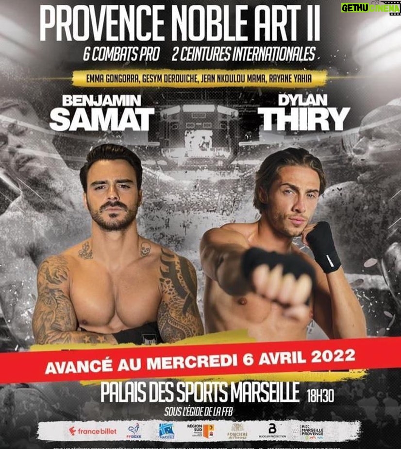 Dylan Thiry Instagram - Le combat approche, comme vous le savez la date a été avancée d’un jour ! Rendez-vous au Palais des Sports de Marseille MERCREDI 06 avril 🥊 Pour toutes les personnes ne pouvant pas se déplacer au Palais des Sports de Marseille, vous pouvez regarder le combat en live d’où que vous soyez sur @tvfightnation ! Inscrivez-vous et réservez votre accès. Les billets pour le combat au Palais des Sports de Marseille sont toujours disponibles chez @fnac_spectacles , @intermarche @geantcasino etc… Palais des sports de Marseille