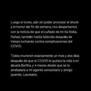 Edgar Ramírez Instagram - Te ruego que por favor leas con detenimiento este post y deslices hasta el final 🙏🏽. Es lo más doloroso y lo más íntimo que he tenido que publicar en mi vida, pero creo que es muy importante compartirlo. Por momentos siento que es una pesadilla de la que me voy a despertar, pero sé que no lo es. Que es tan real como el aire que en este momento me cuesta respirar. Junto a este post hay una entrevista que tuve con el Dr. Anthony Fauci, Asesor Médico Jefe del Presidente de los Estados Unidos, en la cual discutimos información vital sobre cómo enfrentar el COVID 19 y la imperiosa necesidad de vacunarnos, quienes tenemos la suerte de acceder a una vacuna. Nadie que tenga acceso a una vacuna deber morir de COVID 19. Por favor lee esta información, ve la entrevista y compártela. 
Muchísimas gracias, 
Edgar