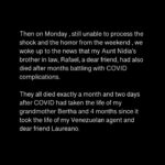 Edgar Ramírez Instagram - I beg you to please read this post carefully 🙏🏽. It is the most painful and the most intimate thing I have had to publish in my life, but I think it is important to share it. At times I feel like it is a nightmare from which I am going to wake up, but I know it is not. I know this is as real as the air that at this moment is so difficult for me to breathe. In my instagram feed, right next to this post is an interview I had with Dr. Anthony Fauci, Chief Medical Advisor to the President of the United States, in which we discussed vital information on how to deal with COVID 19 and the urgent need to get vaccinated, especially those of us who are lucky enough to have access to one . No one who has access to a vaccine should die from COVID 19. Please read this information, watch the interview and please, please share it. Thank you very much, Edgar North Carolina