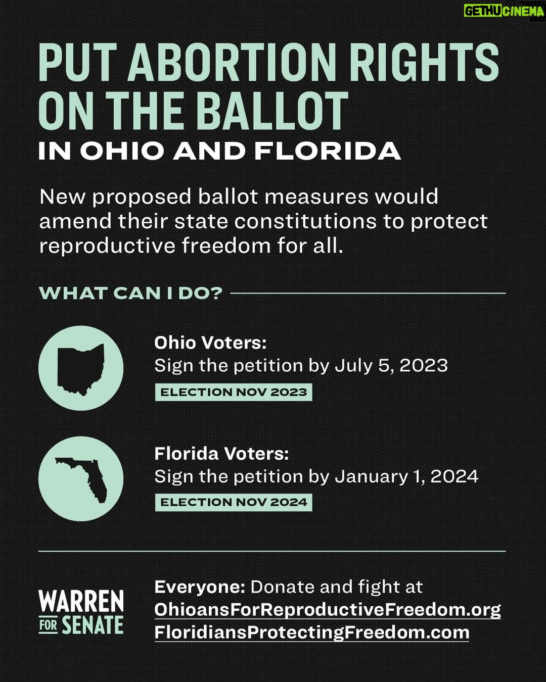 Elizabeth Warren Instagram - One year ago today, the Supreme Court overturned Roe v. Wade. If you’re still angry and determined to fight back, can you click the link in my bio and split a donation between @OhioansForReproFreedom and @FLProtectFree? Help them pass state constitutional amendments protecting reproductive freedom. When reproductive freedom is on the ballot, reproductive freedom wins—remember last year’s victories in Kansas, Michigan, and Kentucky? So let’s build on those successes in Ohio and Florida. I won’t stop working to codify Roe at the federal level and ensure the right to an abortion nationwide—because the government shouldn’t be interfering with people’s personal medical decisions. Today’s awful anniversary calls on us to stay in the fight.
