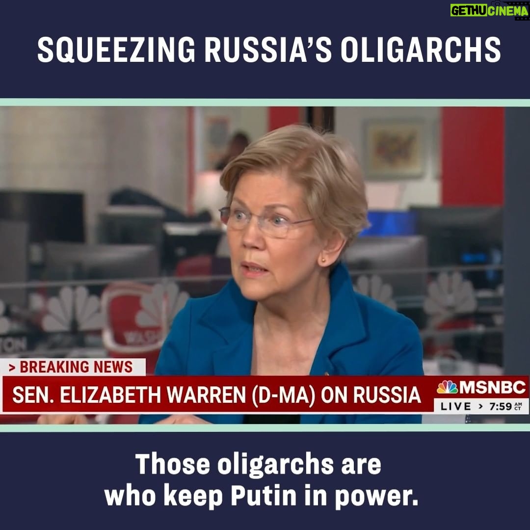 Elizabeth Warren Instagram - Putin’s government is run on corruption. Oligarchs keep him in power. We’re putting the squeeze on those corrupt elites to make sure they feel consequences for Putin’s horrific attacks on Ukraine.