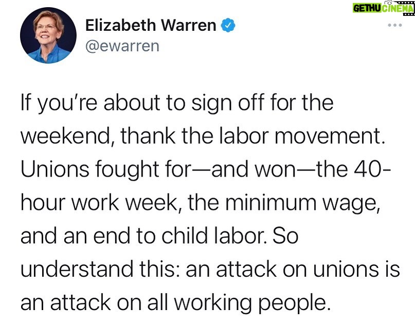 Elizabeth Warren - 42.8K Likes - Thank the labor movement.
